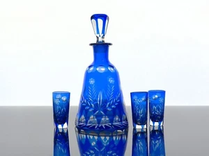 JUEGO DE REGALO JARRA CORDIAL 4 PIEZAS CRISTAL CAJA CORTE A CLARO AZUL COBALTO BOHEMIO - Imagen 1 de 13