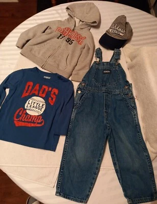  Lot 4 pcs OSHKOSH Overalls Shirt/Zip Up/Cap Boys , 3T  GUC - Image 1 of 4