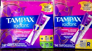 2 PK Tampax Radiant Duo Pack Tampons w/ LeakGuard Braid Regular & Super 42 total - Picture 1 of 1