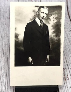 RPPC Handsome Young Man Standing in Suit Tie Studio Portrait Postcard - Picture 1 of 3