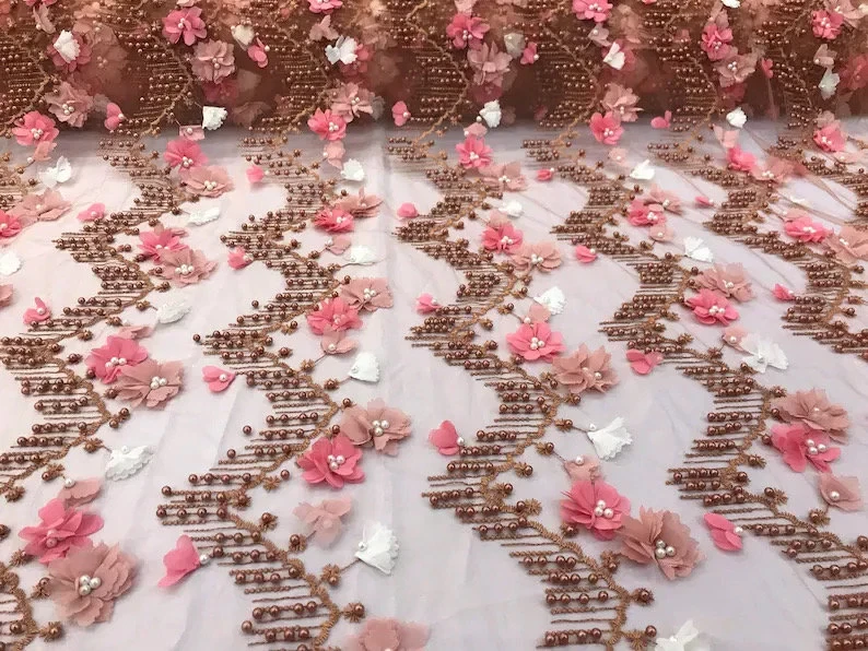 Rust 3d chiffon flowers embroidery with pearls chevron mesh lace scalloped - Image 1 of 1