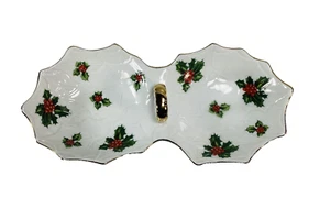 Lefton Porcelain Holly & Berries Divided Candy & Nut Dish Gold Handle #8192 - Picture 1 of 4