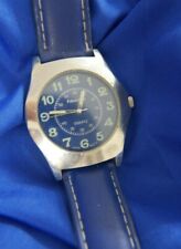 FAHRENHEIT BLUE FACE BLUE LEATHER SILVER TONE band watch NEW BATTERY A20