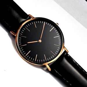 NWT Big Black Face Slim Miyota Quartz Unisex Watch Rose Gold Case Leather Straps - Picture 1 of 8