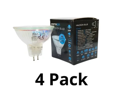 Patron GU5.3 Halogen Bulb – 4 Pack – 50W 12V 2 Pin 370 Lumens – Long Life 2000h - Image 1 of 4