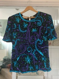 Vintage Laurence Kazar Silk Beaded Top Blue Green Sequins Sparkly. Medium - Picture 1 of 8