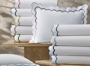 $370 MATOUK INDIA 2 STANDARD SHAMS PERCALE SCALLOPED EMBROIDERY WHITE AZURE BLUE - Picture 1 of 10