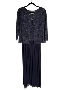 Jessica Howard Sequin Lace Jacket Formal Dress Mother Bride Groom Navy Blue 16 - Picture 1 of 18
