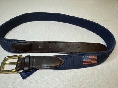 Cinturón Vineyard Vines Para Hombres 34 Bandera Americana Azul con Cuero Marrón y Latón EE. UU. Foto 1 de 4