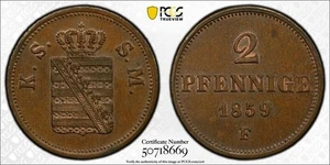 Z48 Germany Saxony 1859-F 2 Pfennig PCGS MS-63 Brown Top Pop:2/0 Tied - Picture 1 of 3