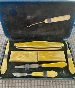 Juego de manicura vintage con caja asas nacaradas verdes MCM 7 piezas - Imagen 1 de 5