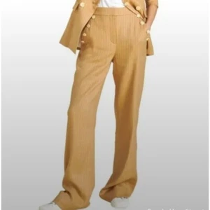 Veronica Beard Eliora Hose 4 Leinenmischung Streifen weites Bein Knopf NEU camel - Bild 1 von 9