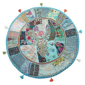 32 in Large Vintage Patchwork Floor Pillow Floor Cushion Blue Cover Ottoman Pouf - Picture 1 of 6