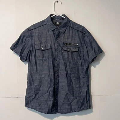 Rock Republic Mens Shirt Size M Dark Blue Denim Chambray Zip Pocket Button Up - Image 1 of 4