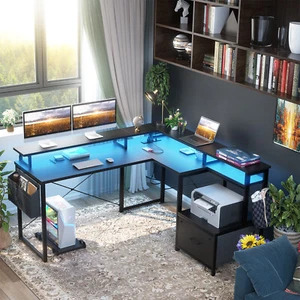 L Shaped Computer Desk with Power Outlet & LED Lights, Office Desk w/File Drawer - Picture 1 of 15