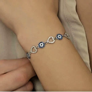 5Ct Round Cut Lab-Created Diamond Evil Eye Heart Bracelet 14K White Gold Plated - Picture 1 of 9