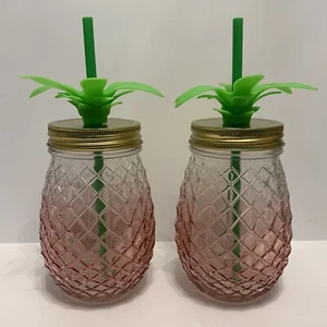 Lots of 2 Pineapple Glass Water Bottle Tumblers with Straw BPA-Free 16.9 Oz - Picture 1 of 7