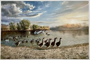 Realistic oil painting on canvas,  goose and duck and lake, offer frame service - Picture 1 of 4