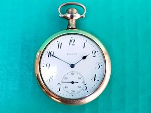Elgin Gold Filled Pocket Watch Mens 17J Open Face 12S RUNNING c1912 Antique - Picture 1 of 10