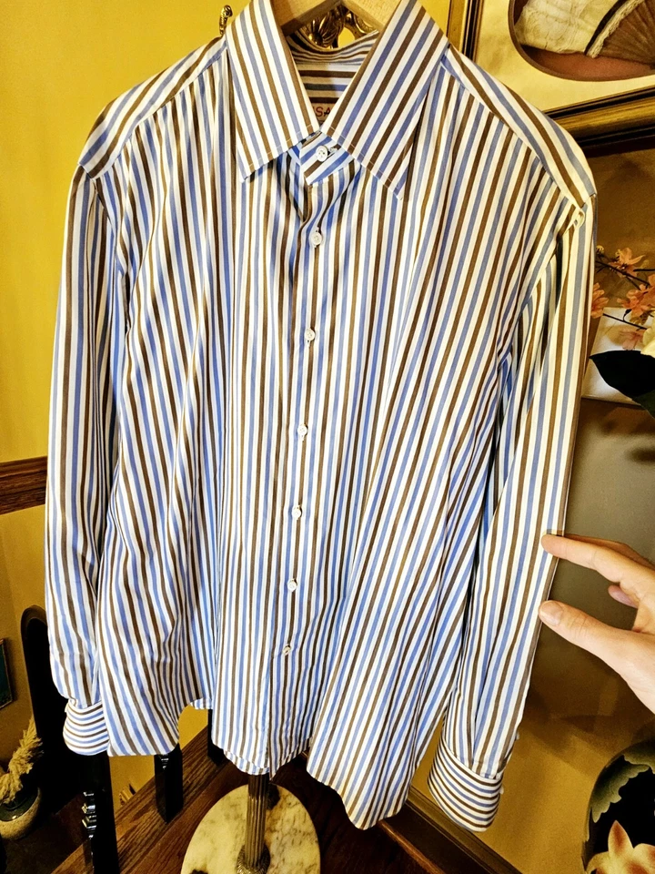 Camisa Isaia Algodón Rayas Blanca con Rayas Azules y Marrón Hecha a Mano en Italia $695 Foto 1 de 4