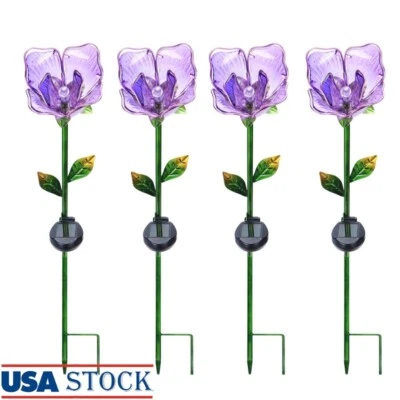 Solar Powered Glass Flower Garden Stakes Set of 4 Outdoor Decor LED Light New - Image 1 of 4