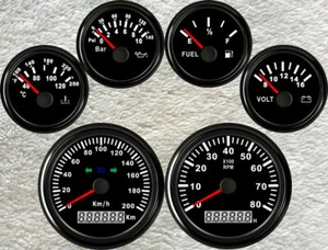 6 Gauge set 85mm 200kmh gps speedo tacho fuel water temp volt oil pressure black - Picture 1 of 7
