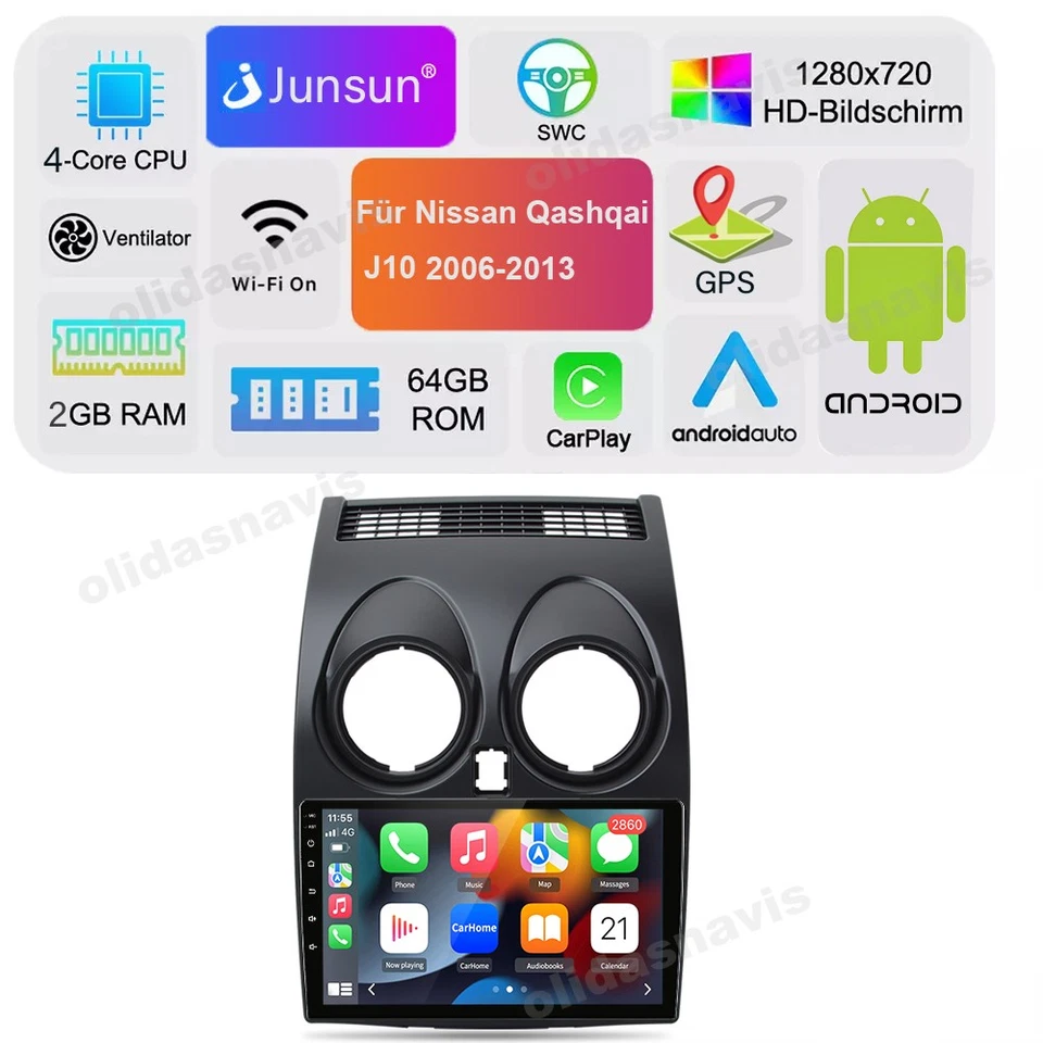 Android Carplay Autoradio GPS Navi BT Für Nissan Qashqai J10 2006-2013 2+64GB FM