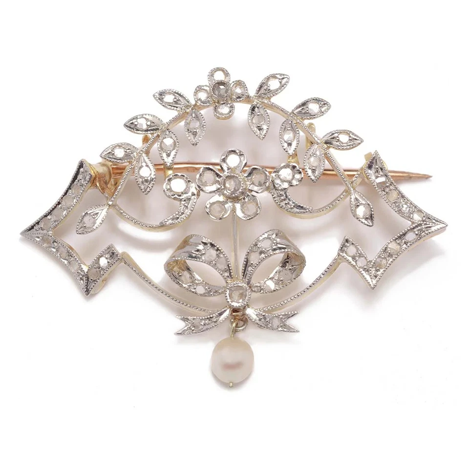 Vintage Brosche aus 750er Gold 18K 1 Perle 56 Diamanten ca.0.75ct  Gewicht 7,33g - Bild 1 von 4