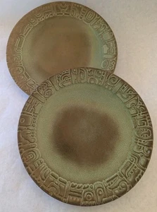 Frankoma Vintage Mayan Aztec Dinner Luncheon Plates Rare Early Unmarked Green - Picture 1 of 10