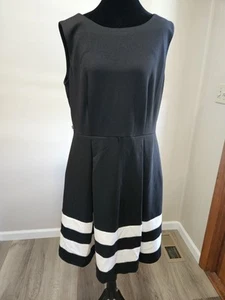 Calvin Klein Sleeveless Back Zip Fit & Flare Dress - Black & Cream Striped Sz 12 - Picture 1 of 7