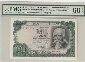 Spain 1971 1000 Pesetas PMG Certified Banknote UNC 66 EPQ 154 - Picture 1 of 2