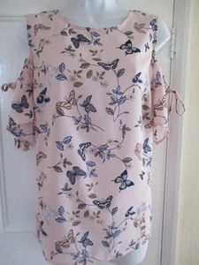 M&Co Ladies  Pink Mix Floral Butterfly Cold Shoulder Summer Top Size 12 - Picture 1 of 10