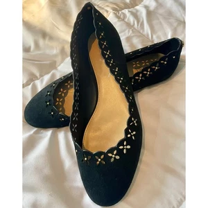 Michael Kors Black Suede Flats Size 10 Floral Cutout Detail gold accents - Picture 1 of 8