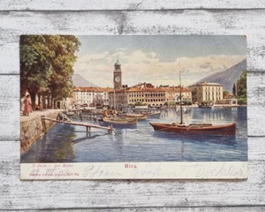 AK Riva Hafen Gardasee Boot Turm Urlaub Postkarte Vintage Deko Handschrift alt - Picture 1 of 2
