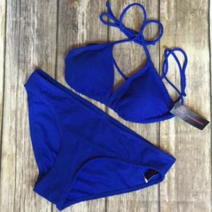 Small Swim Fish Net Royal Blue Fire String Bikini 2 Piece Padded Top - Picture 1 of 7