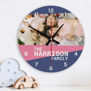 Personalised Photo Wall Clock Glass & Wooden Kids Family Bedroom Nursery Gift - Picture 1 of 6