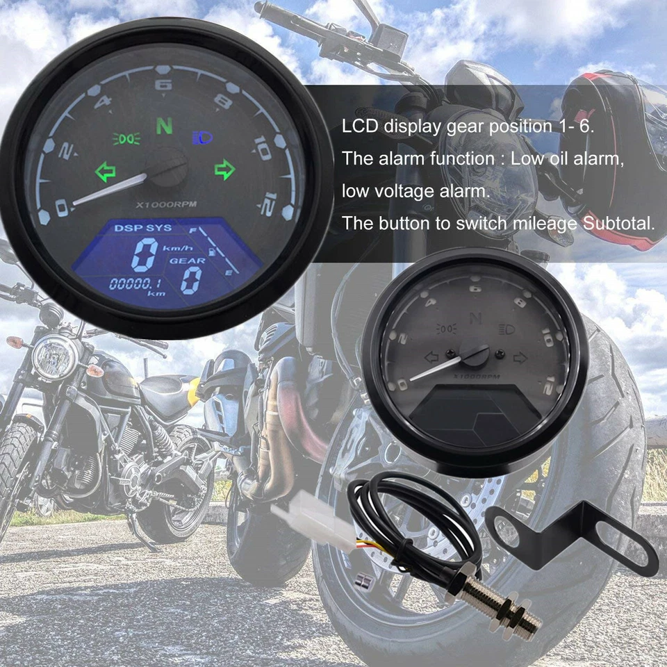 12000RPM kmh/mph Gauge Motorcycle LCD Digital Tachometer Speedometer Odometer - Image 1 of 4