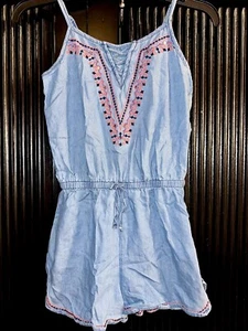 Justice Romper Chambarey Denim Blue Aztec Embroider Outline Size 10 Girls - Picture 1 of 6