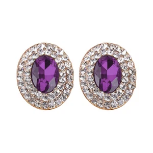 Non-Pierced Oval Gold Plated Grape Purple Crystal Stud Style Clip On Earrings - Picture 1 of 5