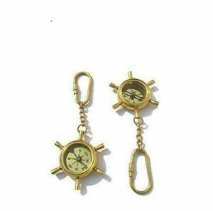 Ship Wheel Brass Compass Nautical Decor Keyring chain Set of 2 pcs - Picture 1 of 3
