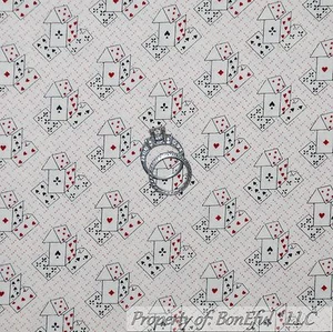 BonEful Fabric FQ Cotton Quilt B&W Red Black Stripe VTG Playing Card Alice Heart - Picture 1 of 6
