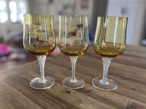 Vintage Amber Wine Glasses Mid Century Modern Set Of 3 Clear Stems - Picture 1 of 6