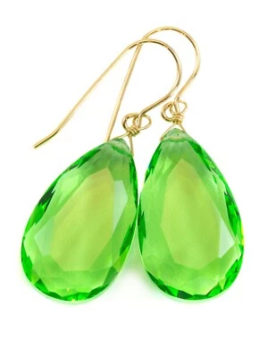 Pendientes de peridoto verde simulado lágrimas colgantes grandes de oro de ley de 14 k Foto 1 de 4