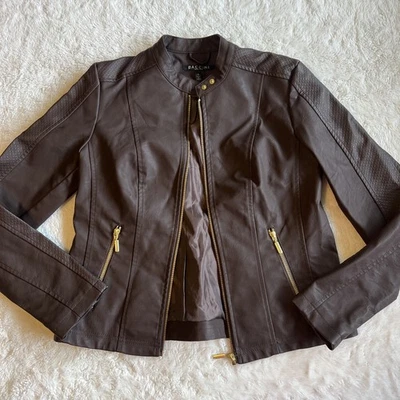 Baccini Sz S Biker Moto Jacket Expresso Brown Faux Leather Vegan Zipper Fitted - Image 1 of 4