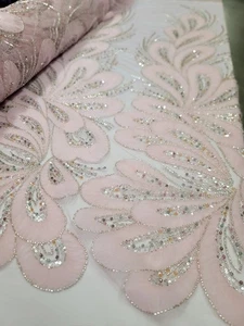 Floral 3D Lace Pink Embroidered Beaded Flowers Mesh Fabric Sold By The Yard Prom - Picture 1 of 13