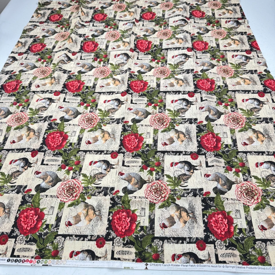 springs creative fabric quilting cotton green red rooster roses 43x69 1.9 yard - Image 1 of 4