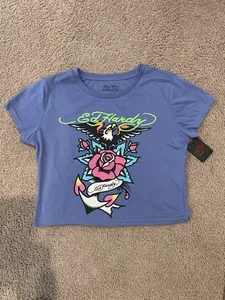 T-shirt crop top ED HARDY blu pallido stampa grafica GRANDE (junior) nuova con etichetta - Foto 1 di 9