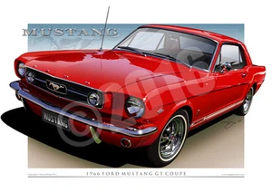 1966 Ford Mustang GT Coupe Prints available in 17 colours. Mustang Car Drawing - Picture 1 of 21