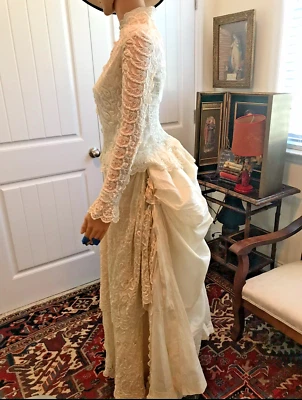 1875 HISTORIC WEDDING GOWN, BUSTLE W/ STAYS, IVORY, FRENCH LACE TOP, TRAIN - Image 1 of 4