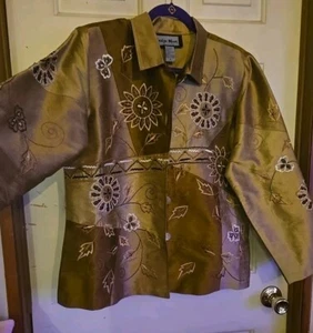 Indigo Moon Hemdjacke gold braun bestickt Blumen Art To Wear Gr. L neu ohne Etikett - Bild 1 von 13